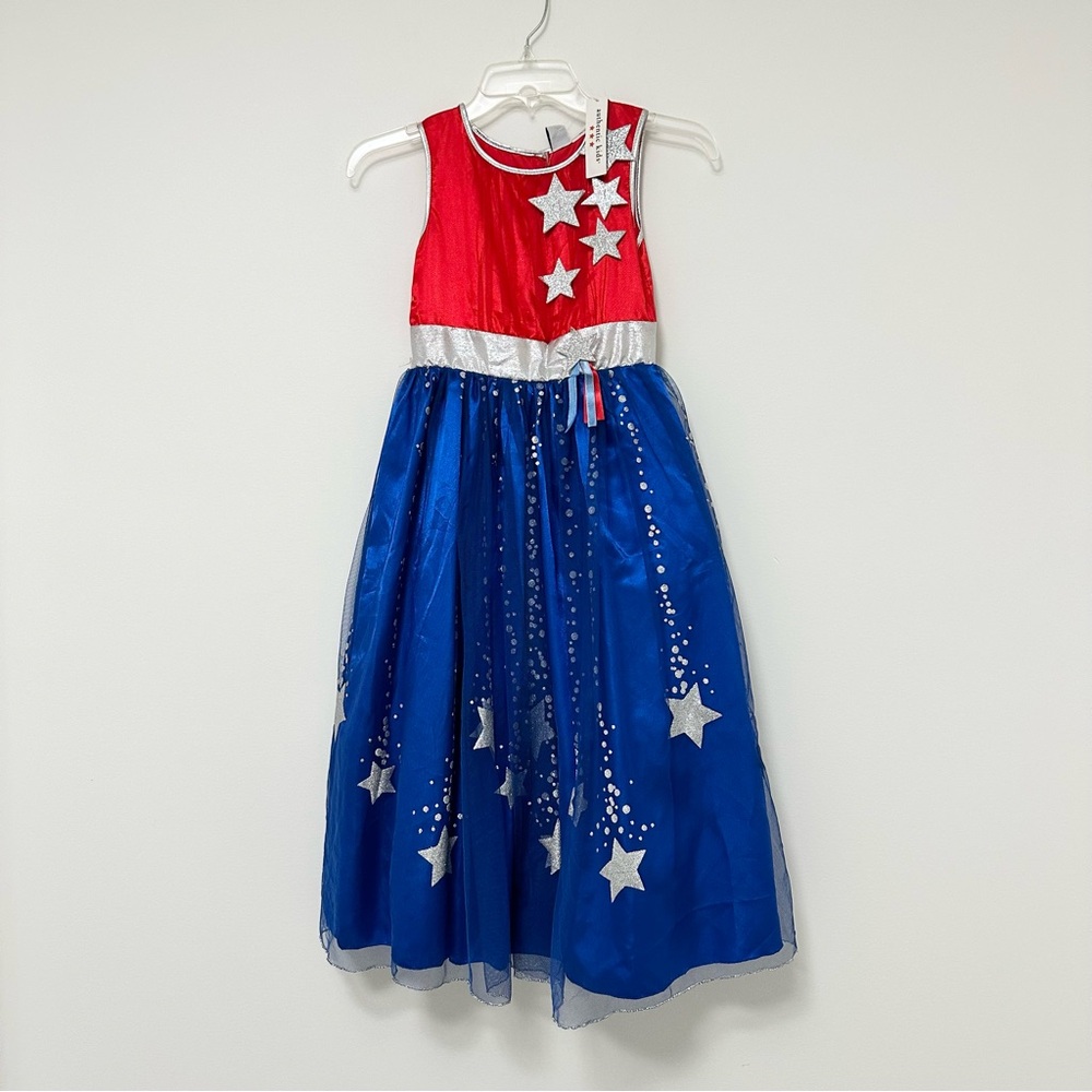 NWT Authentic Kids Patriotic Theme Costume Dress Red White Blue Silver Stars 6